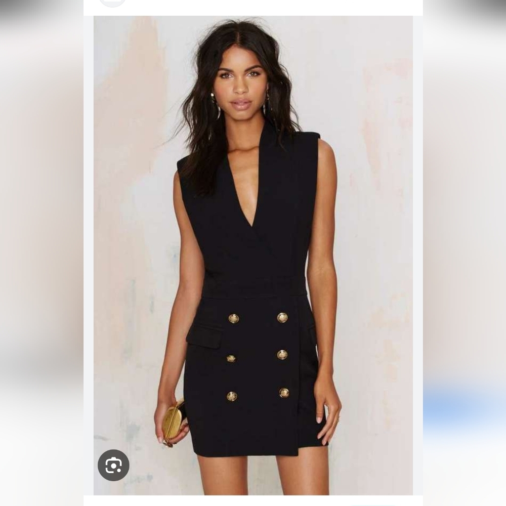 Endless Rose Black Double-Breasted Dress with Shoulder Pads/Gold Buttons